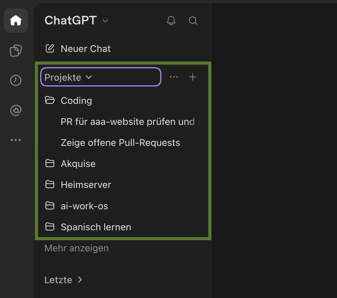 Seitenleiste der ChatGPT-Desktop-App: grün umrahmt der Bereich „Projekte“ mit den Projekten „Coding“, „Akquise“, „Heimserver“, „ai-work-os“ und „Spanisch lernen“, unter „Coding“ zwei Gespräche