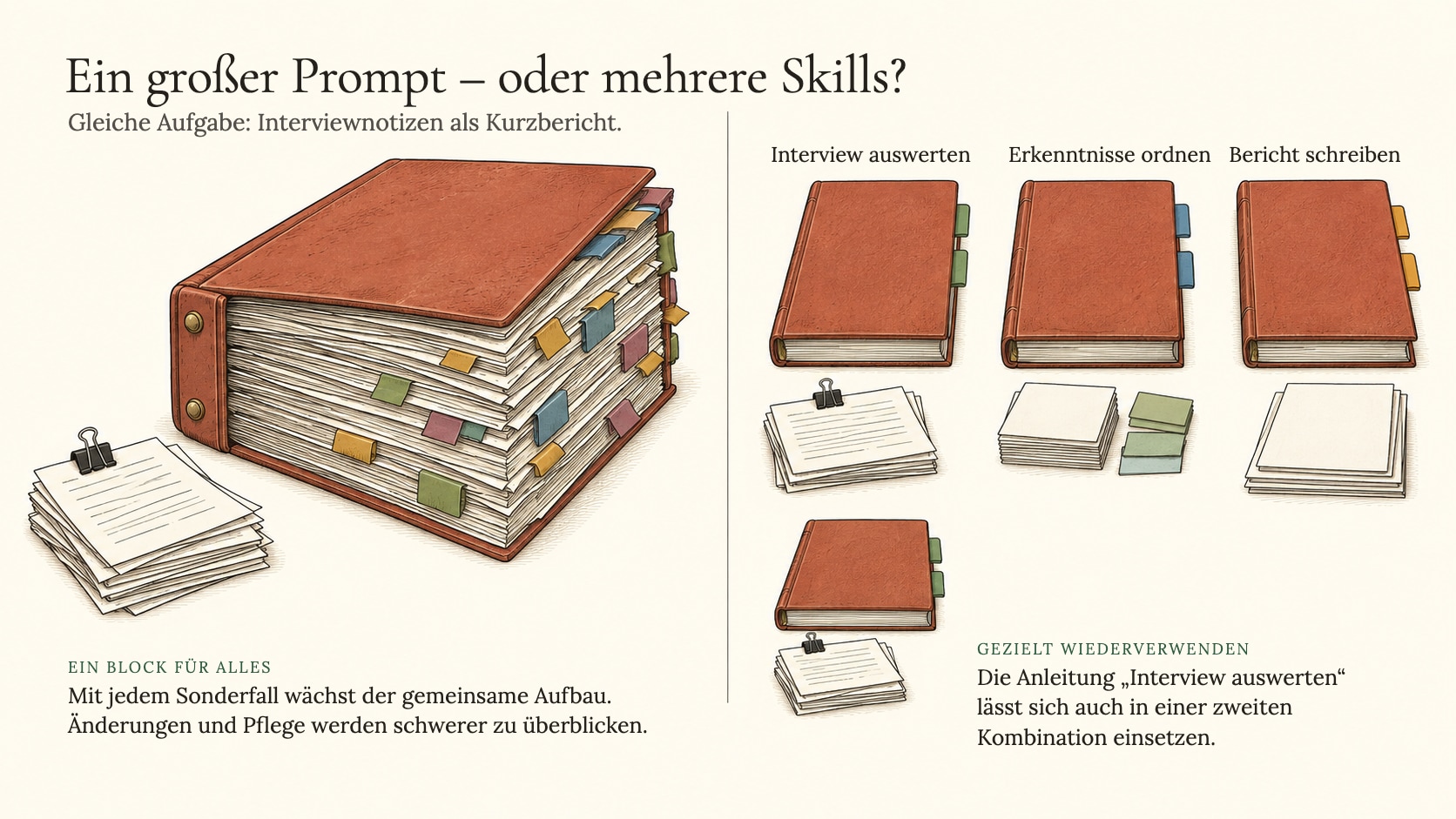 Mega-Prompt vs. Skill-System — links ein riesiger, unleserlicher Masterprompt, rechts mehrere kleine, klar gescopede und kombinierbare Skills