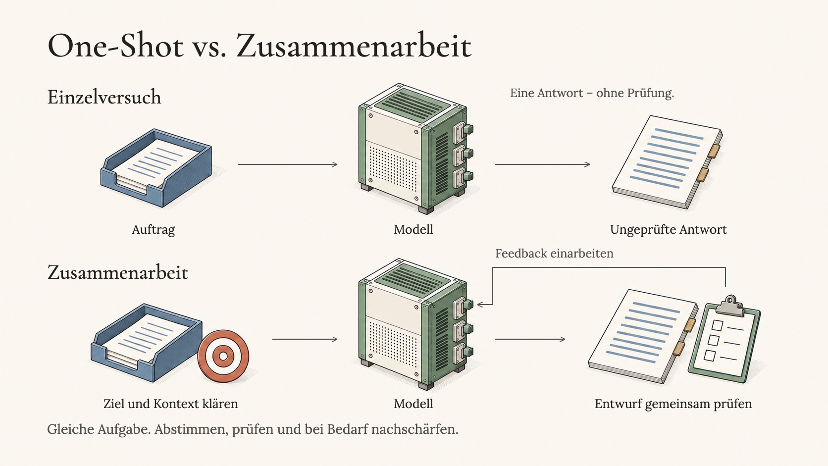 One-Shot vs. Zusammenarbeit — links ein chaotischer Einzelprompt mit generischem Ergebnis und Frustration, rechts ein kurzer Startprompt mit Steering, Iteration und hochwertigem Ergebnis