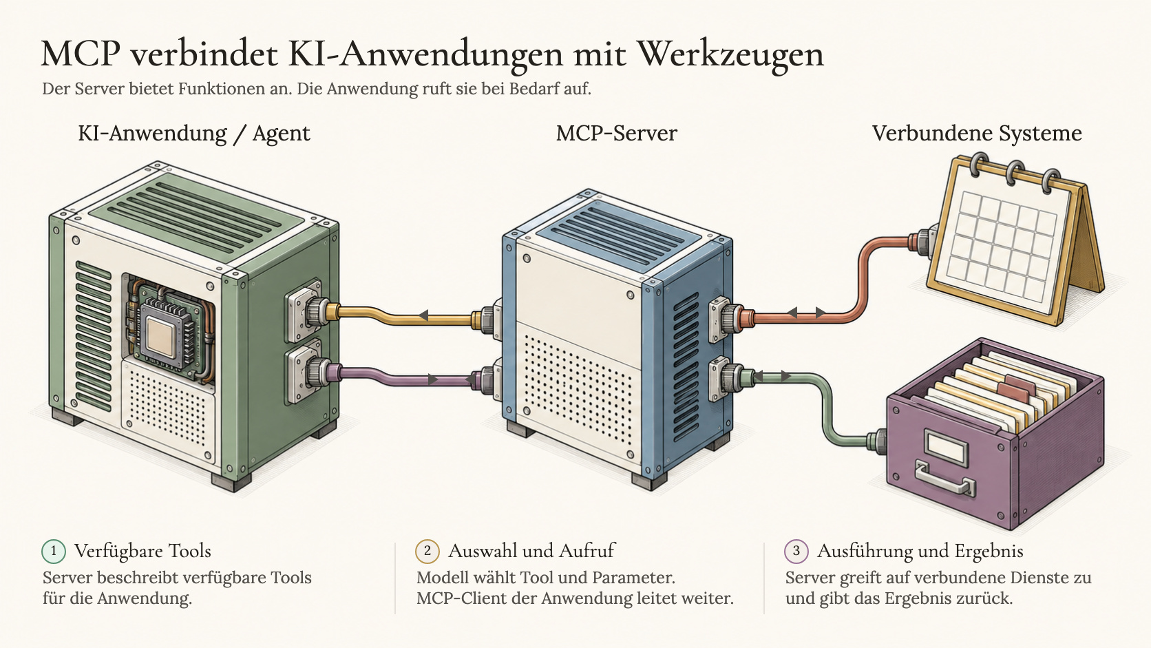 MCP als universelle Schnittstelle — oben verschiedene Agents und Modelle, in der Mitte der MCP-Layer, verbunden mit Kalender, GitHub, Slack, Datenbanken, CRM, Browser und Unternehmenssystemen