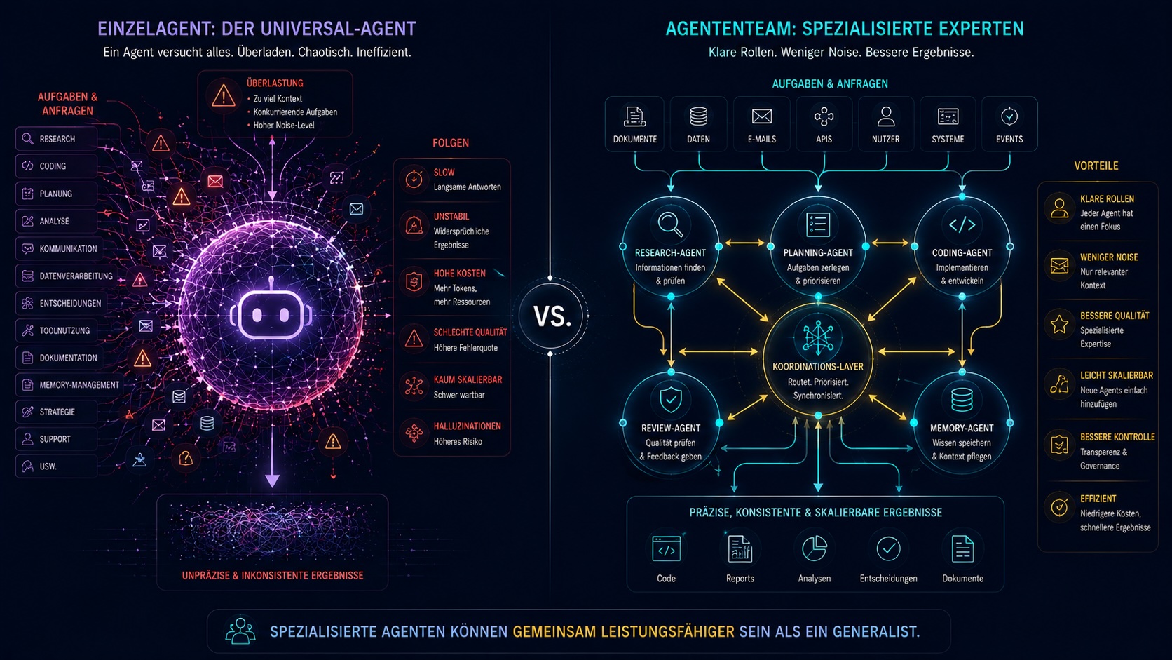 Einzelagent vs. Agententeam — links ein riesiger Universal-Agent, überladen mit vielen Aufgaben gleichzeitig, rechts mehrere spezialisierte Agents: Research, Planning, Coding, Review und Memory, die zusammen ein koordiniertes Ergebnis liefern